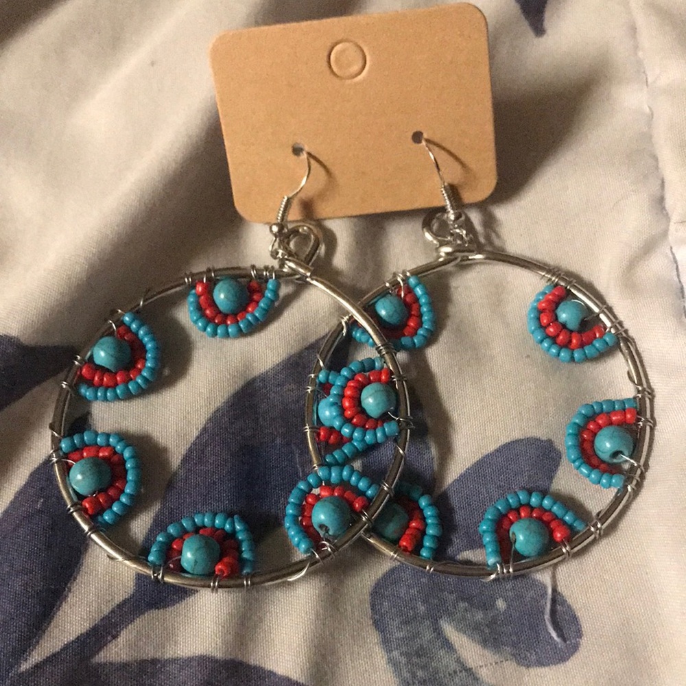 Handcrafted Beaded Hoop Earrings - Turquoise and Red